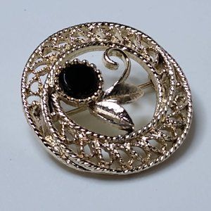 Vintage Round Black Flower Metal Brooch